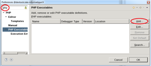 Eclipse preference add php executable.png